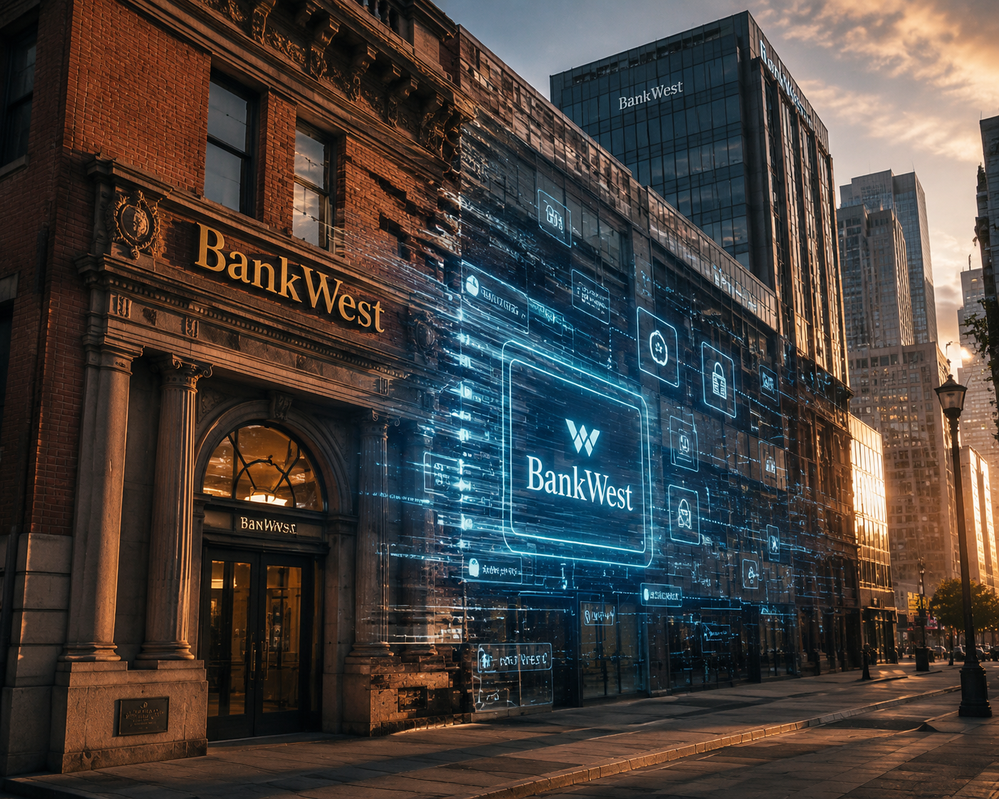 A modern banking building transformation scene showing a traditional BankWest branch facade morphing into a sleek digital interface, shot with 35mm lens, dramatic lighting with warm sunset tones illuminating the building, architectural photography style, high contrast between old brick and new glass elements, business district background, professional composition, f/2.8 depth of field, highly detailed textures on building materials