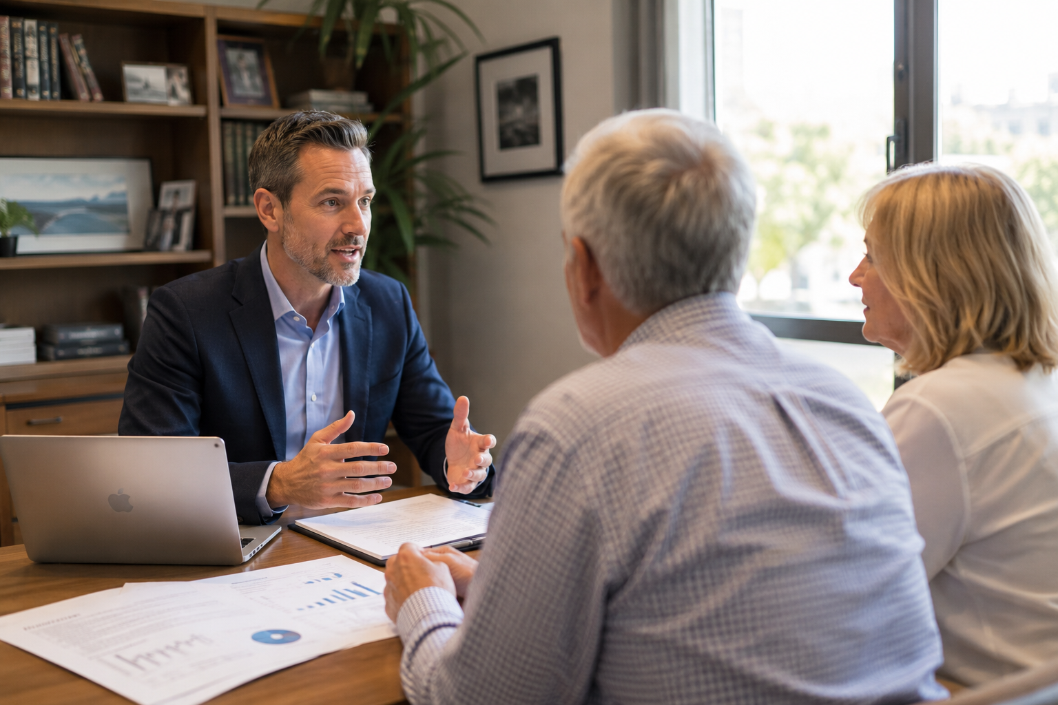 Professional financial advisor consulting with SMSF trustees across desk with documents and laptop, warm office lighting, shot with 35mm lens, shallow depth of field, photo style, business consultation atmosphere, natural window light, highly detailed
