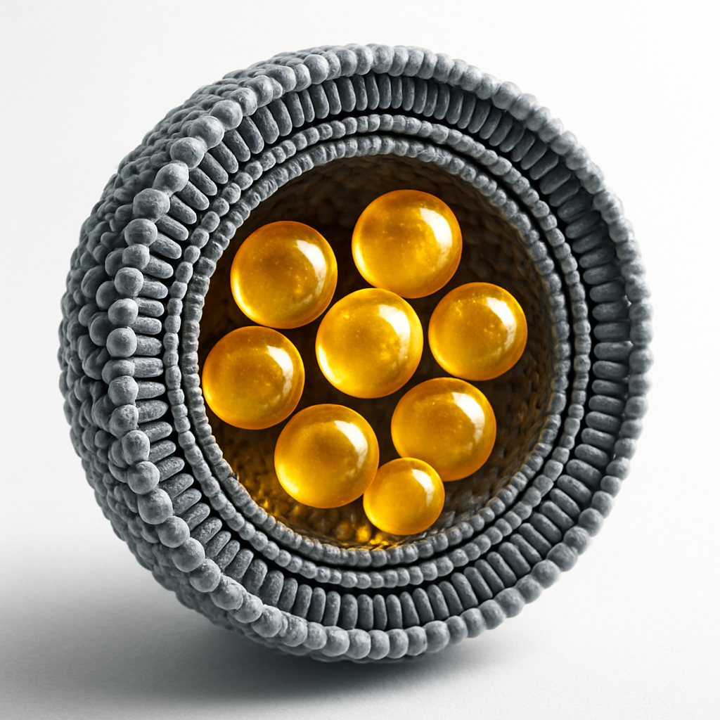 A photo style scientific visualization showing liposomal vitamin E structure: microscopic view of phospholipid bilayers encapsulating golden vitamin E molecules, rendered in cross-section with dramatic lighting, macro lens, intricate details showing membrane layers, high contrast, professional pharmaceutical photography style, clean white background with soft shadows