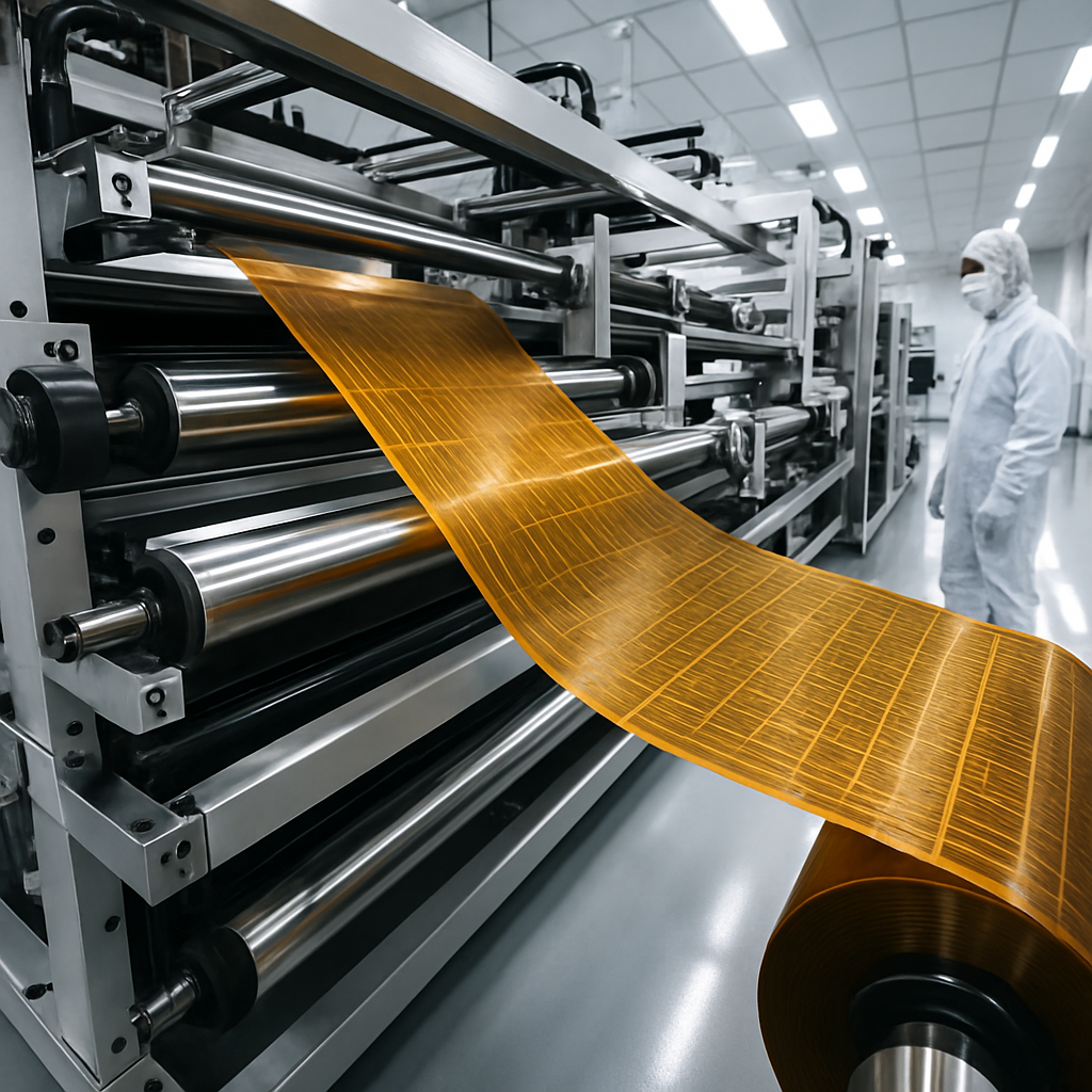 Industrial roll-to-roll manufacturing equipment processing ultra-thin flexible circuits, wide-angle view of precision machinery with continuous web of golden-brown polyimide material moving through multiple processing stations, clean room environment with bright white lighting, technician in cleanroom suit monitoring the process, shot with wide-angle lens, high contrast lighting emphasizing the scale and precision of the equipment, sharp focus on the material web showing fine circuit patterns, modern factory aesthetic