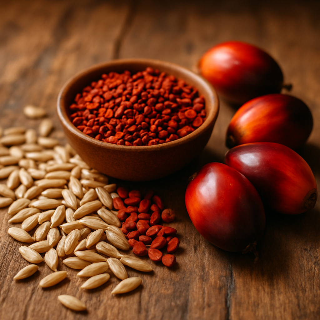 A photo style image showing raw vitamin E sources: golden sunflower seeds scattered on rustic wooden surface, vibrant orange-red annatto seeds in small bowl, and palm fruits, shot with 50mm lens, f/2.8, natural lighting from window, warm tones, highly detailed textures, shallow depth of field